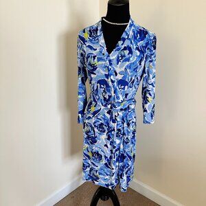 💙 Dana Buchman Blue Floral Faux Wrap Dress – Size M (#543)